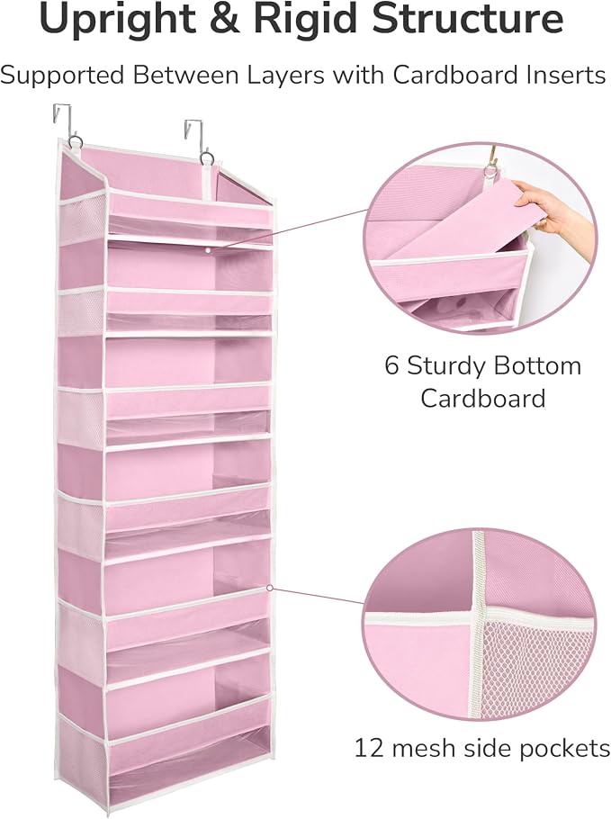 ULG Over The Door Organizer with 6 Large Pockets 12 Side Pockets, 50lbs Weight Capacity Door Hanging Storage Organizer for Bedroom, Bathroom, Pantry, Nursery Storage, Pink - Image 6
