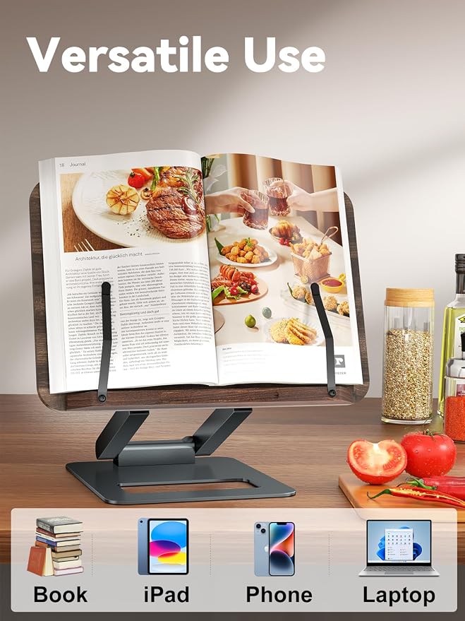 Tounee Book Stand, Telescopic Book Holder Stand, Adjustable Height Pull Out Design Ergonomic Cookbook Stand with Elastic Page Clips Fits All Books (Gray) - Image 5