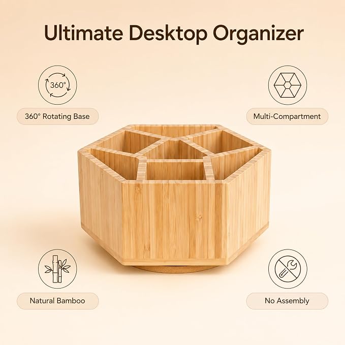360° Rotating Bamboo Desk Organizer, Hexagonal | 360° Rotating, Art Supply Holder & Office Storage Caddy, For Colored Pencils, Crayons, Paintbrushes - Image 5