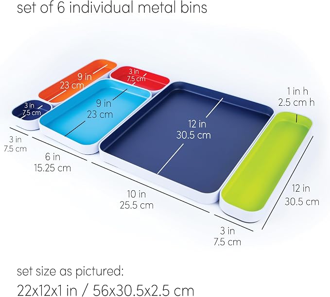 Three by Three Seattle Metal Drawer Organizer Tray Set, 10-Pc (Assorted) | Deep 2" food-safe metal bins; mix & match to customize any drawer; kitchen, bathroom, office & vanity organization - Image 3