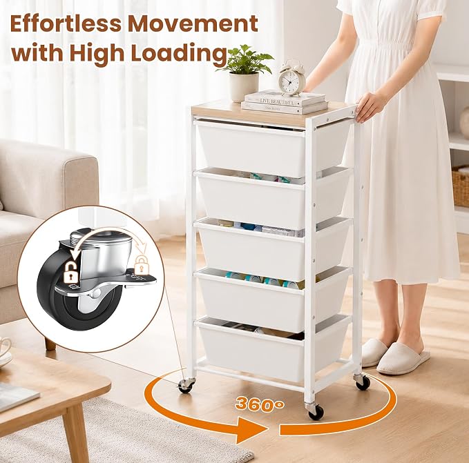 Rolling Cart with 5 Drawers, Plastic Drawer Storage Carts with Wheels & Wooden Tabletop, Metal Utility Cart for Office Bedroom Living Room Classroom, Craft Organization and Storage, White - Image 7