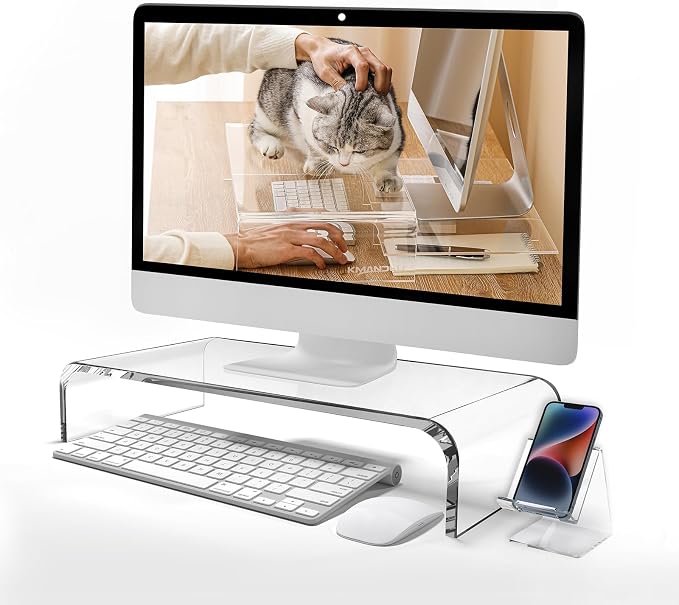 20"x10"x4" Acrylic Monitor Stand, Clear Laptop Riser with Bonus Phone Stand | Extra-Wide Clear Premium Acrylic Computer Stand, Monitor Riser & Ergonomic Desk Organizer Shelf for Office, Home, Printer, TV by KMANDLU