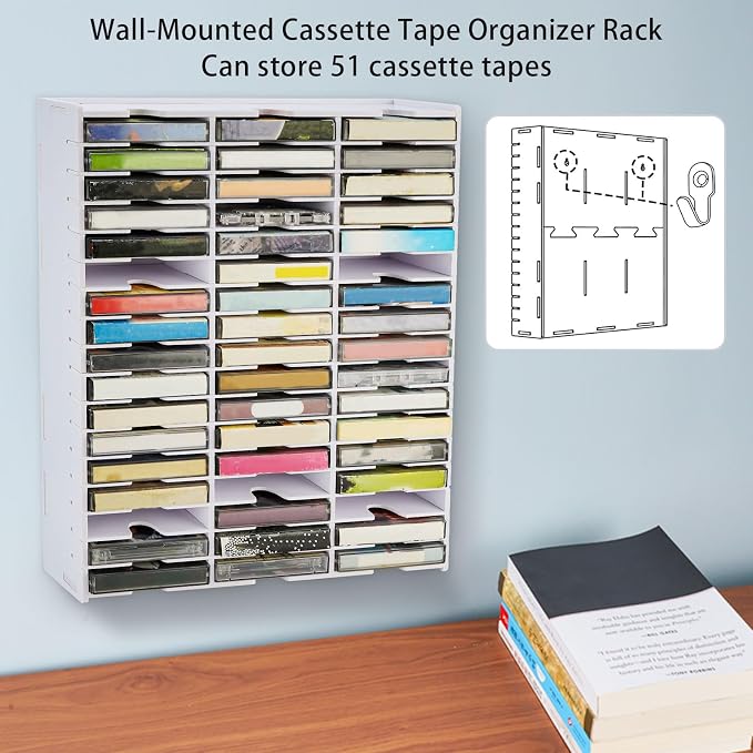 Cassette Tape Storage, 51-Slot Desktop Audio Tape Organizer | Audio Tape Organizer Rack Wall-Mounted Cassette Holder, White - Image 5