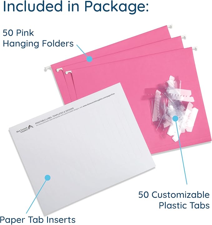 Blue Summit Supplies 50 Hanging File Folders, Letter Size, Pink | Reinforced letter size, 1/5 cut tabs, plastic tabs and inserts included, for filing cabinet, home, and office - Image 2