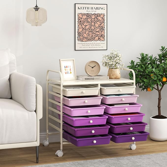 Giantex 12 Drawers Rolling Cart, Mobile Storage Drawer Cart, Classroom Organizer Cart for Office School Supplies Tools Scrapbook Paper Craft Small Printer, Utility Cart on Wheels, Purple Gradient - Image 2