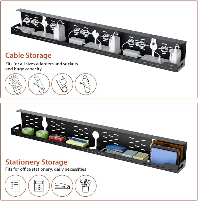 Univivi Under Desk Cable Management Tray, Cable Management, 48 inch, Black | Durable Steel, Cable Management with No-Drill C-Clamp and Screw Mount, Effortless Wire Management for Office/Home - Image 4