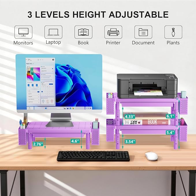 WALI Computer Monitor Stand with Storage, Desk Organizer with Drawer and Pen Holder, Desk Monitor Riser 3 Height Adjustable, Laptop Riser for Laptop, Printer (PTT003-V), 1 Pack, Violet - Image 2