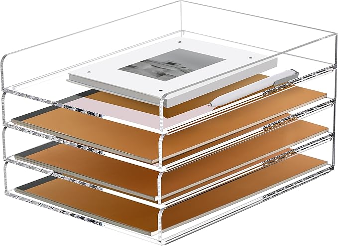 SANRUI 4 Tier Stackable Paper Letter Tray, Acrylic Vertical File Tray A4 Desk Organizer and Accessories Sorter Trays, Clear Workspace Office Supplies Organizers,12inx9.25inx6.6in by SANRUI