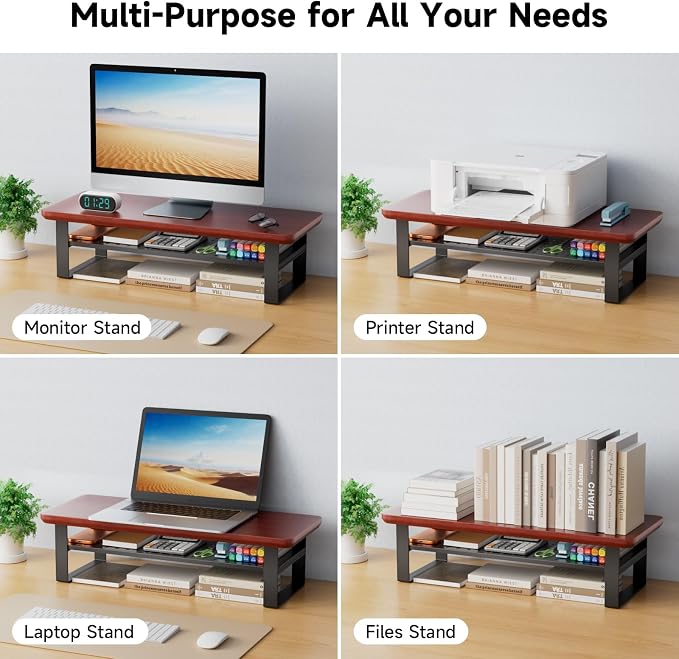 Monitor Stand Riser, 24 Inch Computer Monitor Stand for Desk, 2-Tier Wood Desk Shelf Organizer with Storage, Desktop Stand for Laptop/Screen/PC/Printer, Ergonomic Home Office Monitor Stand - Image 7