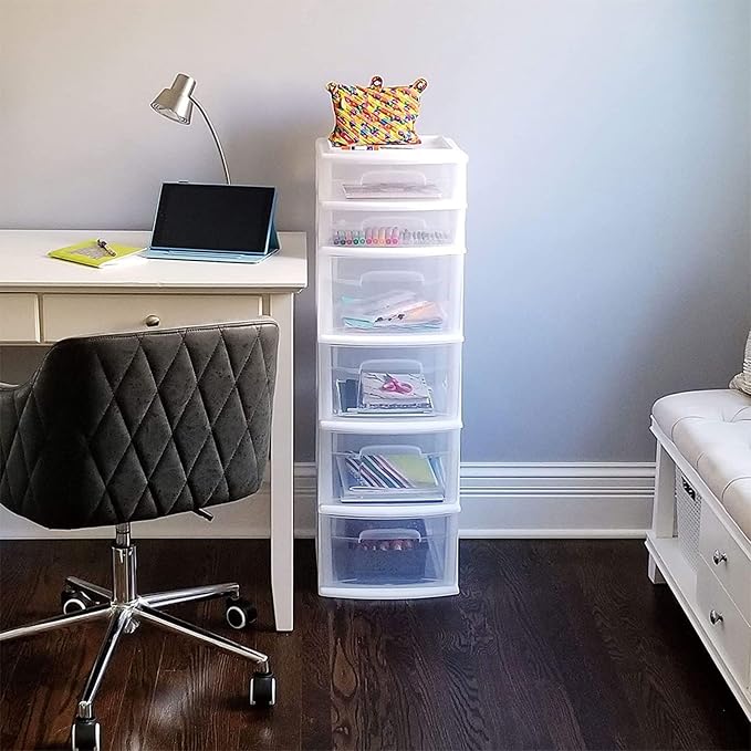 HOMZ Drawer Tower, 6-Tier Storage Cart with Removable Wheels, White Frame | Plastic Organizer with Clear Bin Drawers for Bedroom, Bathroom, Home Office, and Dorm Rooms - Image 2