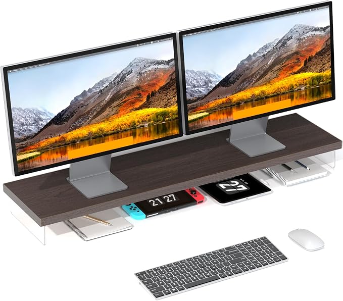 Dual Monitor Stand Riser, 40x10 in Wood & Acrylic Desktop Organizer Shelf | Computer Monitor Stand Riser With Wood & Acrylic Design; Fits 2 Monitors, Laptop, Printer And Desk Supplies For Office Use. by SSWOOD