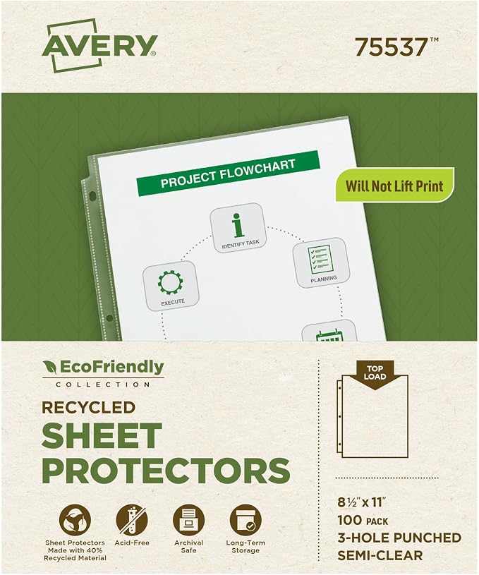 Avery® EcoFriendly Recycled Economy Sheet Protectors, Semi-Clear, Top Load, 100 Document Protectors (75537) by Avery