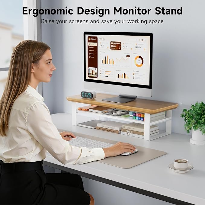 Monitor Stand Riser, 24 Inch Computer Monitor Stand for Desk, 2-Tier Wood Desk Shelf Organizer with Storage, Desktop Stand for Laptop/Screen/PC/Printer, Ergonomic Home Office Monitor Stand - Image 6
