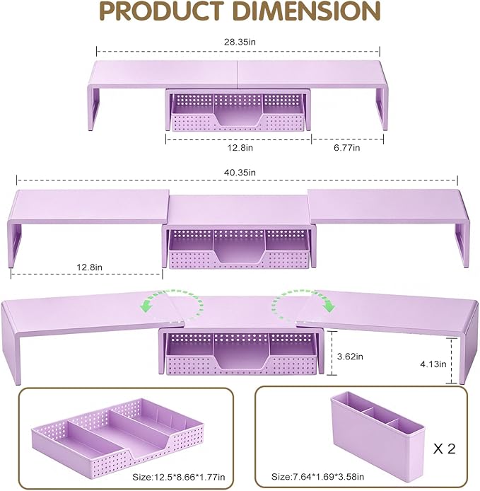 LEKETREE Dual Monitor Stand Riser with Drawer, Desk Organizer and Accessories, Monitor Stand for Desk, Desktop Stand for Computer, Laptop, TV and More (Purple) - Image 7