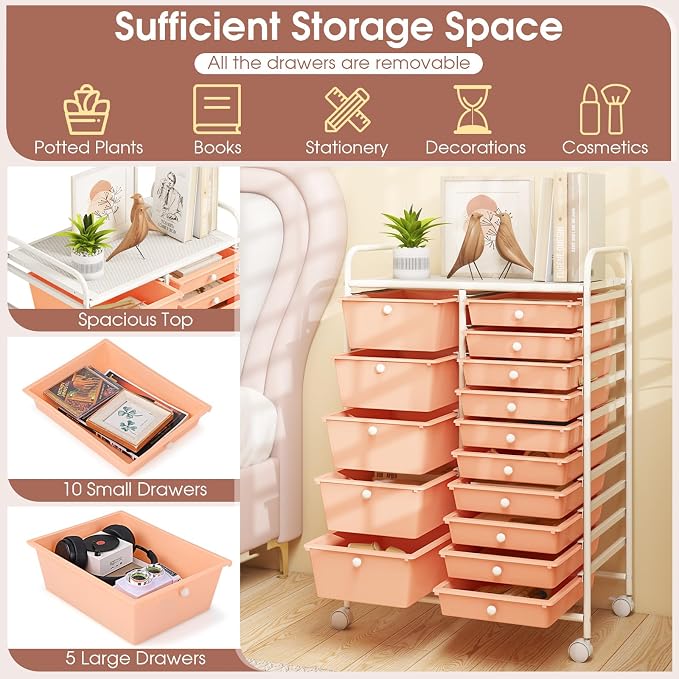 DORTALA 15-Drawer Rolling Storage Cart with Drawers, Rolling Utility Cart w/Removable Drawers & Universal Wheels, Tools Scrapbook Paper Organizer for School, Office, Home, Classroom (Light Pink) - Image 5