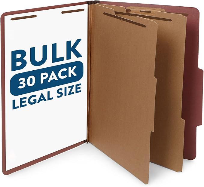 Blue Summit Supplies 30 Brick Red Classification Folders, 2 Divider, Legal | Heavy duty 25pt pressboard, 2 dividers, 6 partitions, 2 in expansion, 2 prong, legal charts, law client files by BlueSummitSupplies