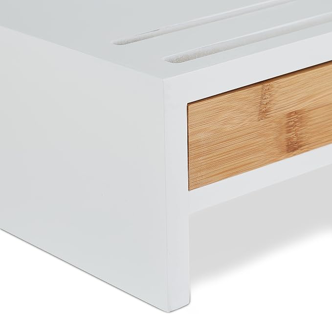 Relaxdays Monitor Stand, 2 Drawers, PC Riser for Desk, H 12 x W 56 x D 27 cm, Bamboo & MDF, White/Natural - Image 7
