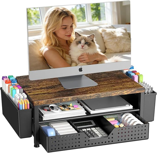 Desk Organizers and Accessories, Computer Monitor Stand Riser with Drawer and 2 Pen Holders, Printer & Laptop Stand, Office Desk Accessories & Workspace Organizers for Home Office Supplies, Brown by OPNICE