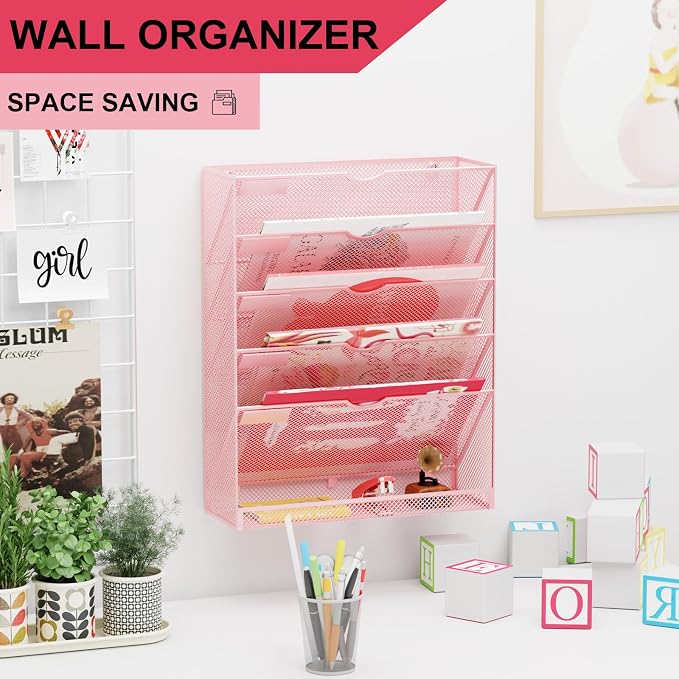 Hanging Wall File Organizer 6 Tier Wall Mounted Mail Paper Folder Holder Document Organization Stand, Vertical Desk Magazine Rack for Office Home Cubicle Countertop, Pink - Image 2