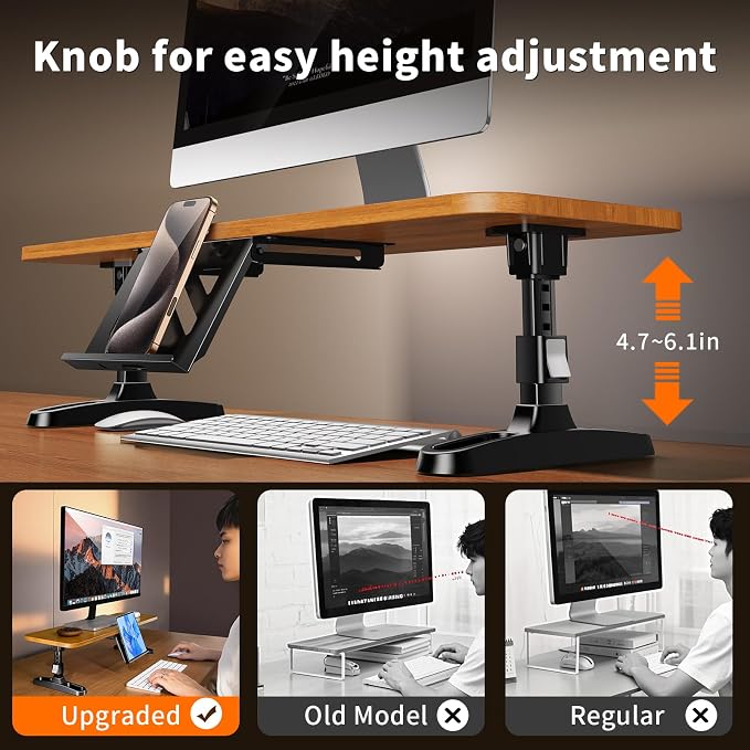 Wooden Monitor Stand Riser for Desk,Adjustable Height Monitor Shelf Riser with Phone Holder,Desk Storage Organizer Accessories,Wood Computer Screen Stands for Office,Home,Laptop,Printer,TV - Image 3