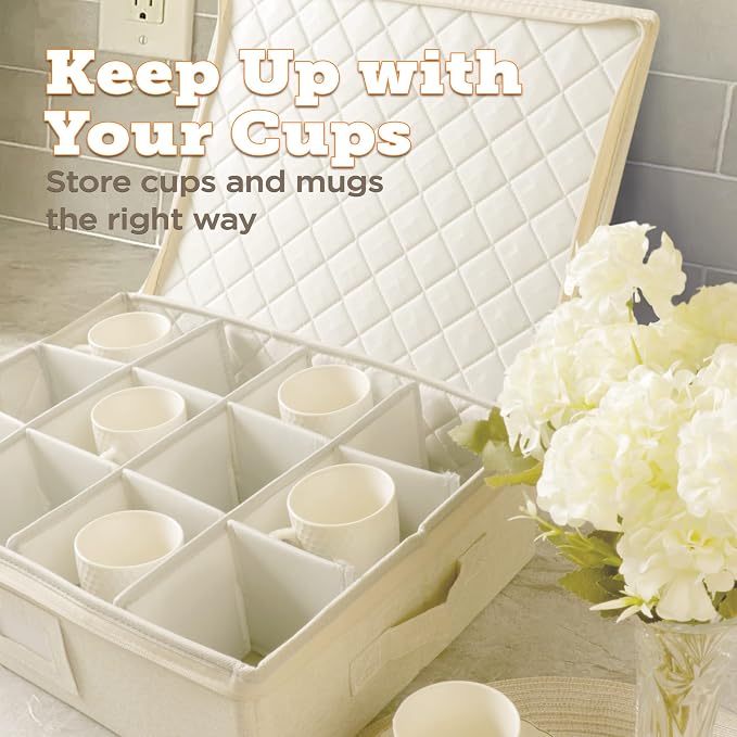 Cup & Mug Storage Case | Hard Shell Felt Dividers | Cream | Hard Shell Case Holds 12 Cups Or Mugs In 4x4 Felt Compartments. Stackable, Top-Load, Dual Handles. Cream Linen Finish. - Image 2
