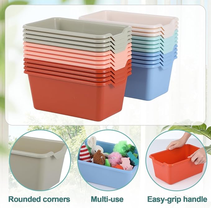 gisgfim 24 Pack Plastic Cubby Bins Classroom Book Bins Scoop Front Stackable Easy-to-Grip Toy Storage Tubs Containers for School Library Office Home Nursery Playroom Organization (Boho Color) - Image 3
