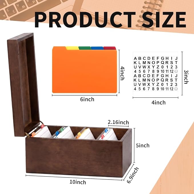 4 x 6 Inch Index Card Holder Set, Bamboo Index Cards Organizer, 50 Pcs Dividers 2 Sheets Alphabet Number Stickers File Note Holders for Office Business Classroom, Brown - Image 2
