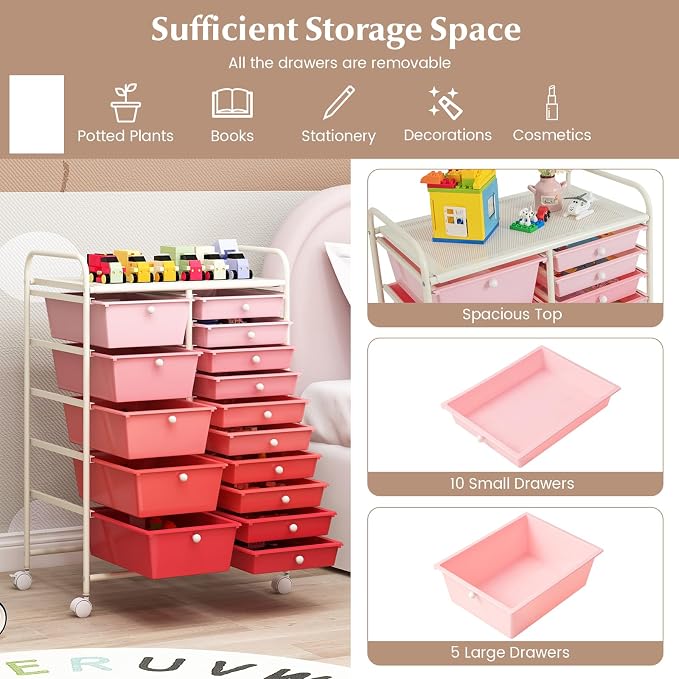 DORTALA 15-Drawer Rolling Storage Cart with Drawers, Rolling Utility Cart w/Removable Drawers & Universal Wheels, Tools Scrapbook Paper Organizer for School, Office, Home, Classroom (Gradient Pink) - Image 5
