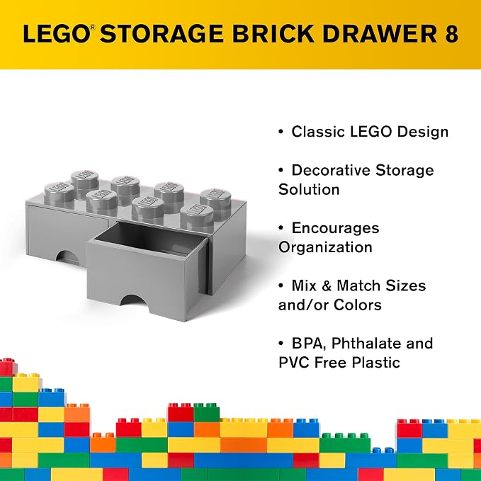 LEGO Brick Drawer, 8 Knobs, 2 Drawers, Stackable Storage Box, Medium Stone Grey | Stackable Storage Box 2 Pull-Out Drawers 8-Knob Brick Design Toy & Desk Storage Home Decor Office Kids Room - Image 5