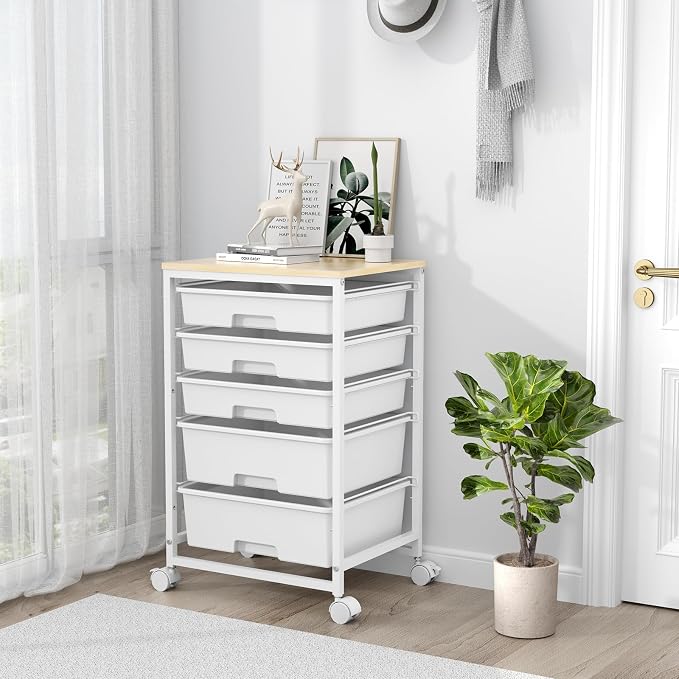 SYKIARIOL Rolling Cart with Drawers, 5 Drawers Utility Cart, Bright White | 5-Tiers Storage Cart with Drawers with Wooden Top for Craft Organizers and Storage,Home Office,Classroom,Dorm - Image 8