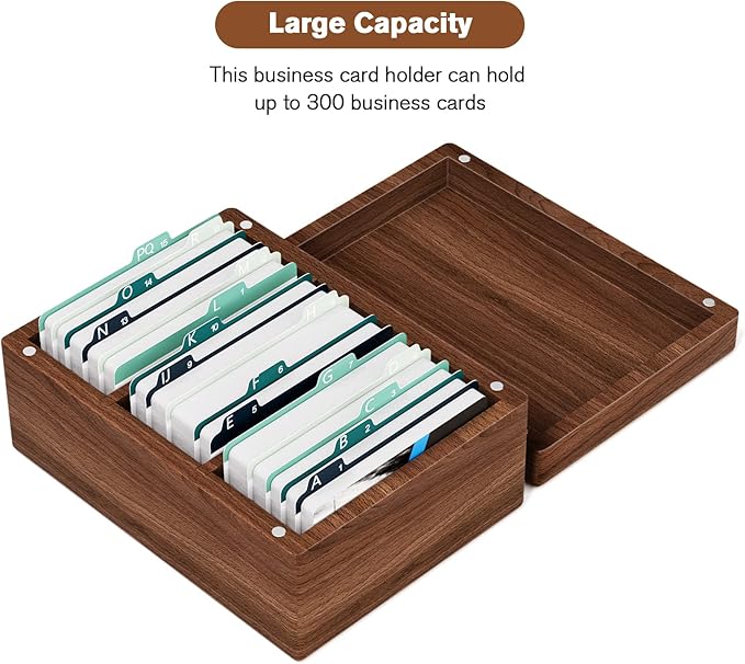 MaxGear Walnut Wood Business Card Organizer for 2.2" x 3.5" Cards | Business Card Holder for Desk, Index Cards Box Holds 300 Cards, Includes A-Z Tabs, Desktop Organizers for Office, Home - Image 3
