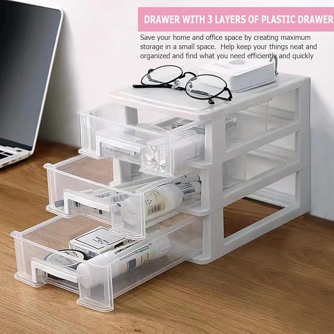 Plastic Desk Organizer,Desk Storage Box with 3 drawers,Makeup Organizer Sundries Storage Multifunction Storage Rack for Office School Home (White) - Image 4