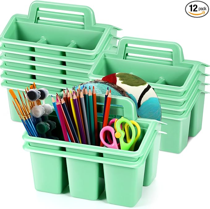 WILLBOND 12 Pcs Classroom Storage Caddies Stackable Utility Caddies with 4 Compartment Plastic Caddy with Handle Portable Storage Bins Organizers for Kids Schools Art Craft Supplies(Green) by Willbond+Technology+Limited