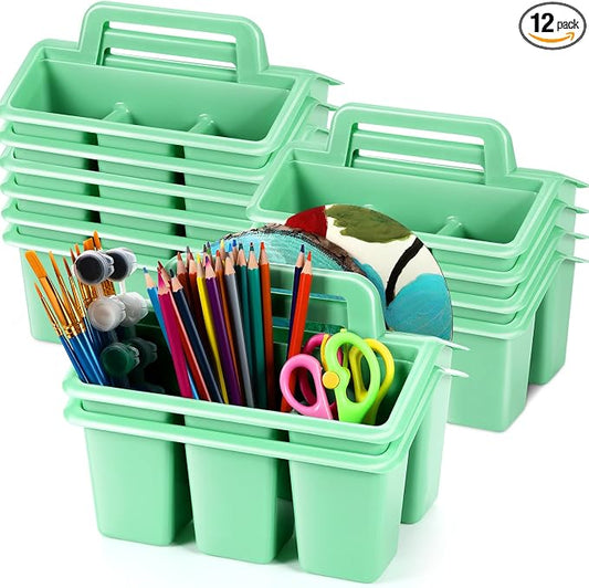WILLBOND 12 Pcs Classroom Storage Caddies Stackable Utility Caddies with 4 Compartment Plastic Caddy with Handle Portable Storage Bins Organizers for Kids Schools Art Craft Supplies(Green) by Willbond+Technology+Limited