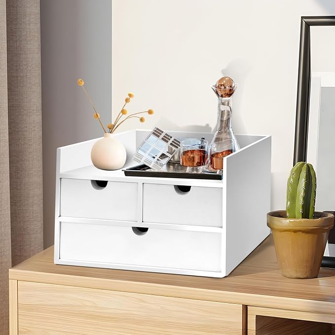 Charmewooden Bamboo Desk Organizer 3 Drawer with Shelf, Countertop Organizer with Drawers Makeup Storage Drawer 3 Drawers Tabletop Storage Organization Box Home Office Workspace（White） - Image 2