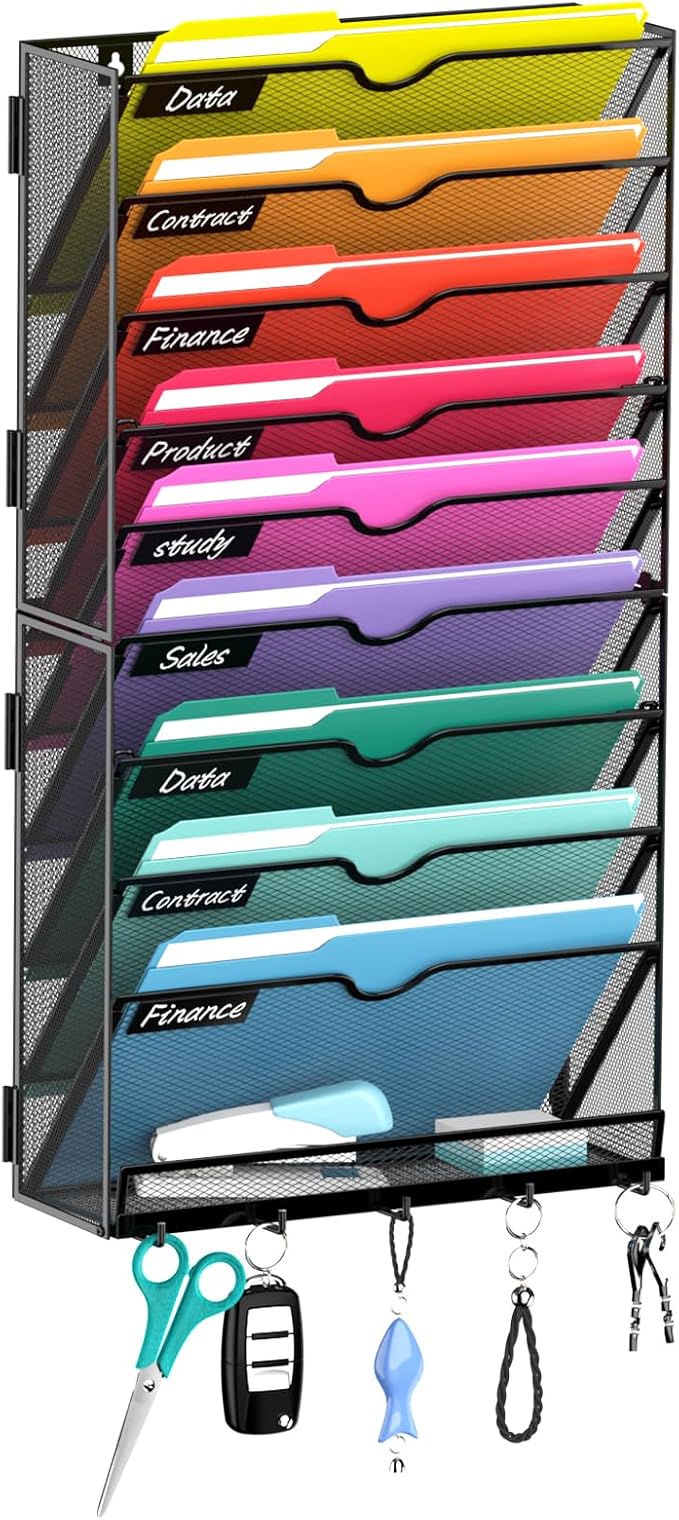 10-Tier Wall File Organizer with Hook, Hanging File Organizer Black | Wall-mounted mail storage holds papers, folders, files, clipboards and magazines, assembly required for office or home use. by Unknown