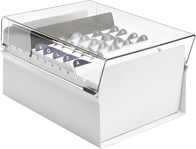 Acrimet 5 X 8 Card File Holder Organizer Box Metal Base Heavy Duty (AZ Index Cards and Divider Included) (White Color with Clear Crystal Plastic Lid Cover) | With A-Z Index & Non-Slip - Image 2