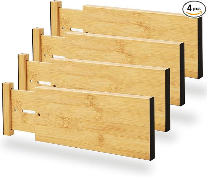 BAMEOS 4" High Bamboo Drawer Dividers - Adjustable Small Drawer Organizer - Kitchen, Dresser, Bathroom, Bedroom & Office - 4-pack by BAMEOS