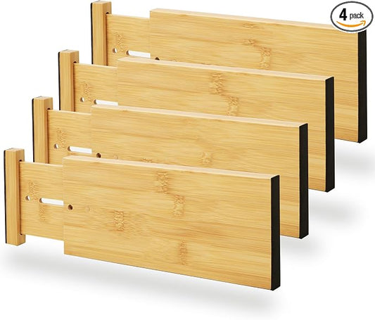 BAMEOS 4" High Bamboo Drawer Dividers - Adjustable Small Drawer Organizer - Kitchen, Dresser, Bathroom, Bedroom & Office - 4-pack by BAMEOS