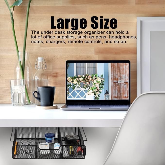 Under Desk Drawer, Hanging Storage Organizer Slide Out, Black Metal Under Desk Storage Hanging Storage Organizer, Attachable Pen Holder Desk Hidden Drawer for Office Home School Accessories(Black) - Image 5