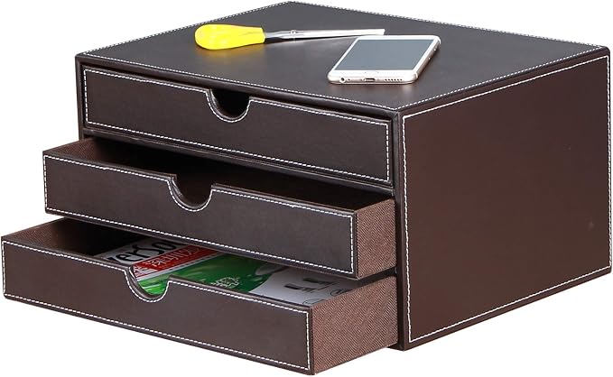 Stackable 3-Drawer Desk Organizer, Executive Office Supplies Desktop Filing A4 File Cabinet/Holder, Leather Storage Box for Document/Paper/Home Decor Accessories (brown)… - Image 2