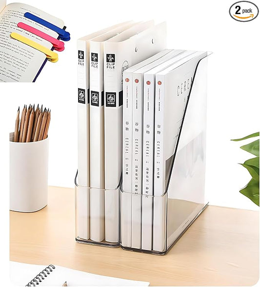 2-Pack Clear Acrylic Vertical Magazine File Holders – Desktop Organizer for Books, Documents, Binders, Envelopes, Includes 3 Bonus Silicone Bookmarks by Unknown