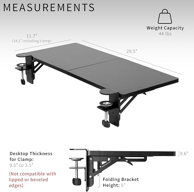 VIVO Black Clamp-on 30 x 12 in Desk Extender, DESK-EXT30 | Foldable, Wrist Support Arm Rest, Office Keyboard Tray, Side Table Extension Attachment - Image 2