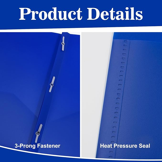 12-Pack Plastic Folders with Pockets and Prongs, 2-Pocket Poly Folders with 3 Fasteners Holds 8-1/2" x 11" Paper for School/Office/Home, Blue - Image 3