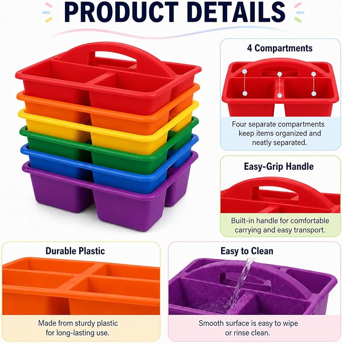 gisgfim 6 Pack Plastic Classroom Caddy with 4-Compartments Plastic Storage Caddies with Handle 4 Compartments Table Caddy Organizer Versatile Table Caddies for Classroom Office, Rainbow Color - Image 3