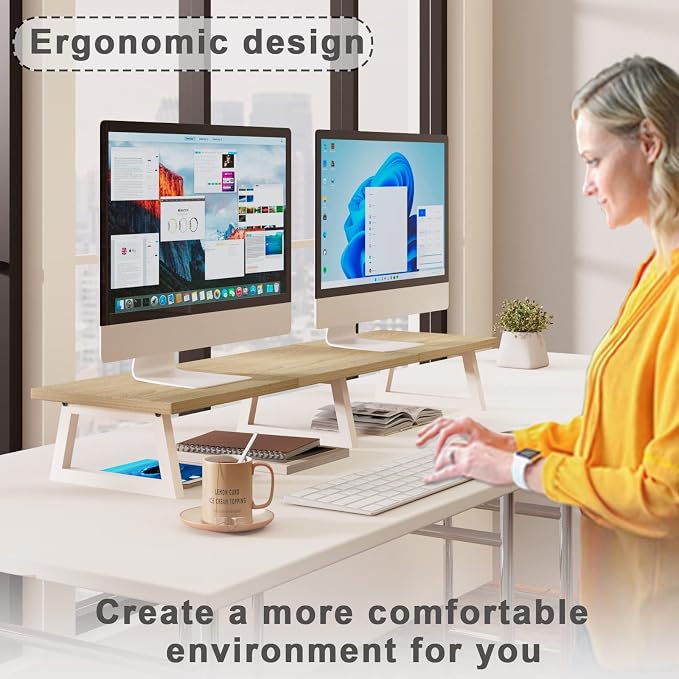 TEAMIX 42 inch Large Dual Monitor Riser, Desk Organizer Stand for TV Laptop | Extra Long Stand for 2 Monitors, Wood & Metal TV Riser, Holds 300lbs, Keyboard & PS5 Storage, For Home Office & Gaming - Image 2