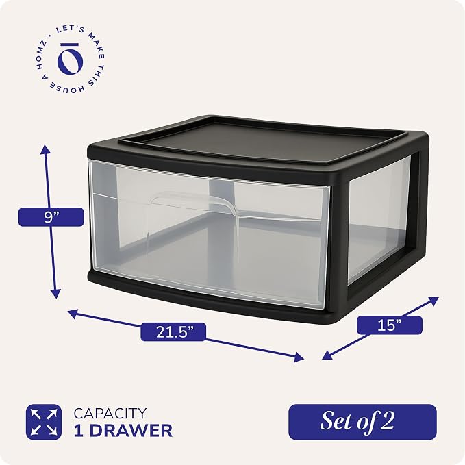 HOMZ 2-Pack 1-Drawer Storage Cart, Clear Plastic Container, 15" Wide Body, Black Frame - Organizing Drawer Containers for Home, Bathroom, Bedroom, Office, and Classroom - Image 2