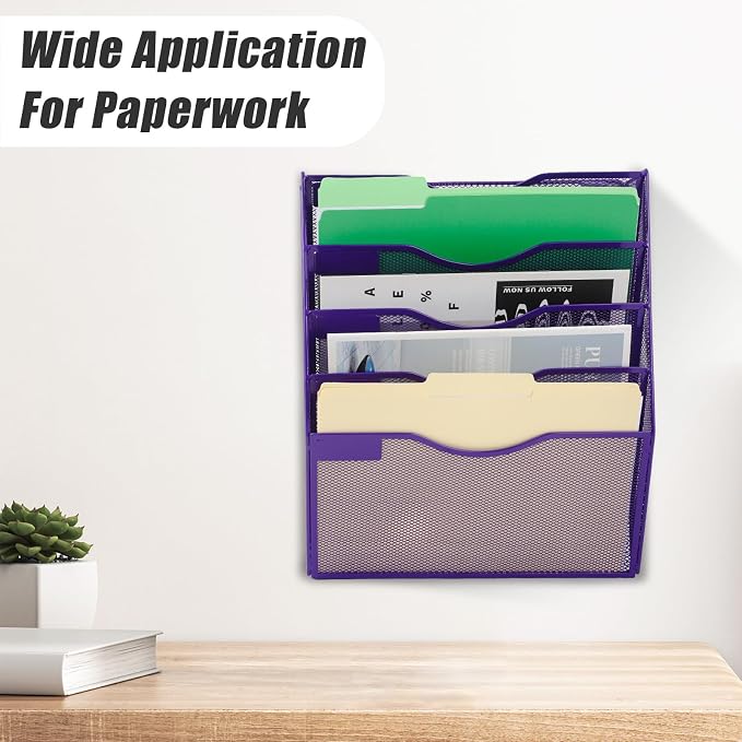5 Pocket Mesh Hanging Wall File Organizer, Wall Mounted Mail Paper Document Folder Holder, Clipboard Storage Organization Magazine Rack with Nametag Label for Office Home School, Purple - Image 6