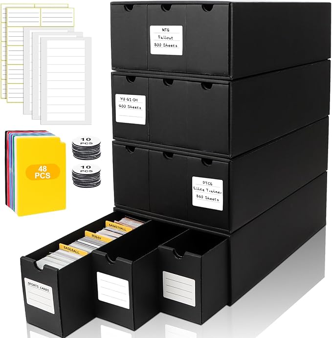 Trading Card Storage Box, Includes 12-600 CT Boxes & 48 Card Dividers, 12000+ Trading Card Organizer for Collectible Card Games, for TCG, MTG, PTCG, Baseball Cards, with Labels & Tapes by QLOUNI