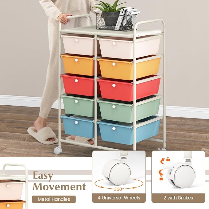 COSTWAY 10 Drawer Rolling Storage Cart, Utility Cart with Lockable Wheels | Mobile Art Supply Craft Organizer with Metal Frame, Multipurpose Drawer Cart for Paper for Office, School, Macaron - Image 5